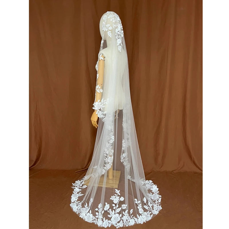 Full Lace Edge Mantilla Wedding Bridal Veils Cathedral Long Embroidered Ivory Tulle Floral Flowers Leaves Outdoor Church Brides