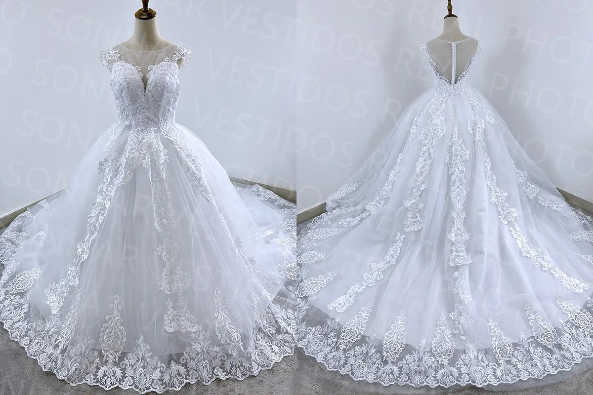 V-Neck Luxury Lace Ball Gown Wedding Dress with Train