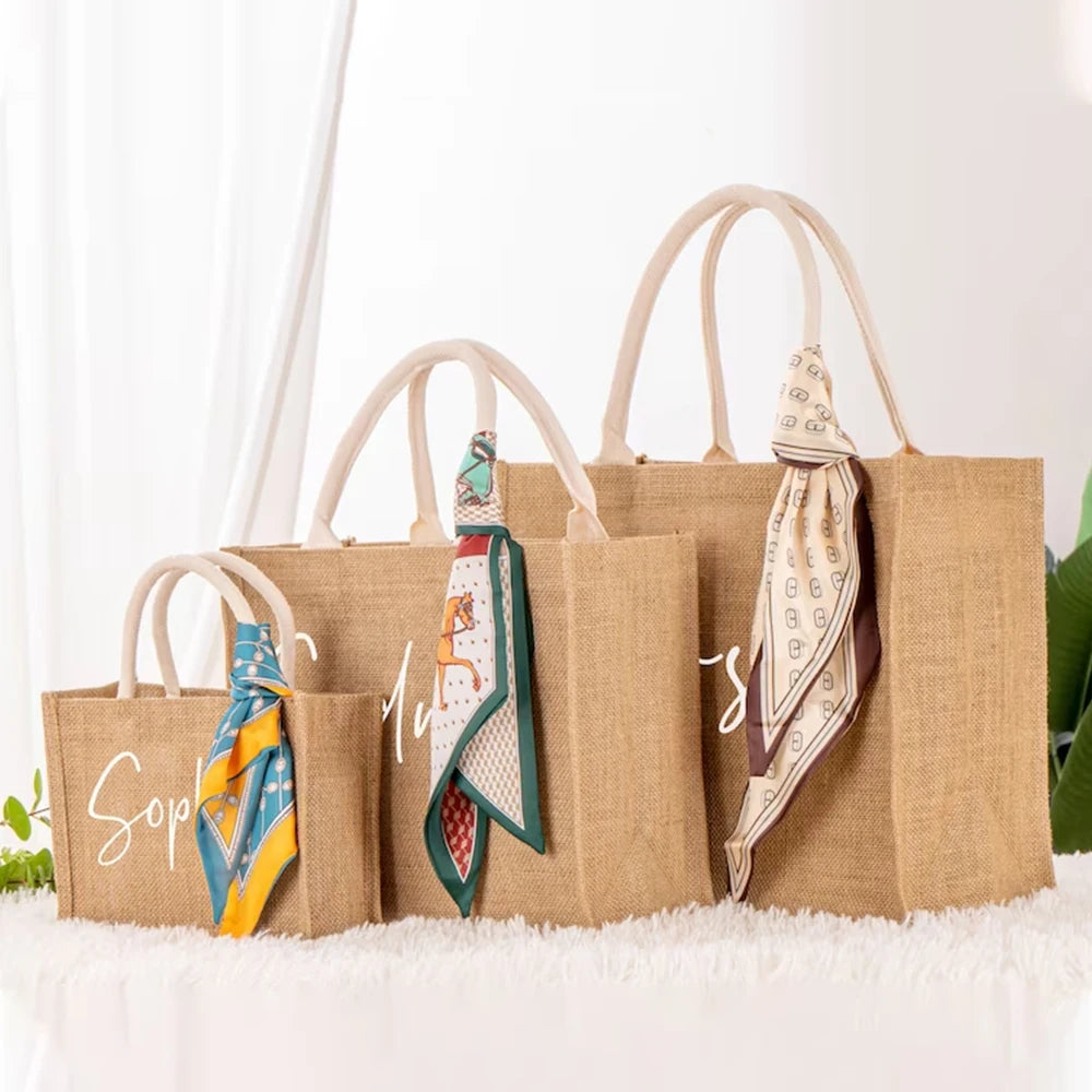 Personalized Bridesmaid Jute Tote Bags with Scarf Party Retro Beach Bag Bachelorette Gifts Girlfriend Gift for Her