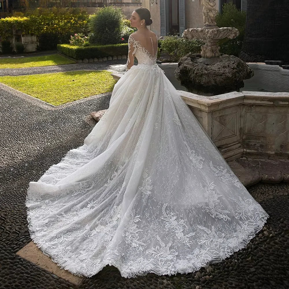 Customized Luxury Mermaid Wedding Dress  O-neck Long Sleeve Tulle Backless Bridal Gown Detachable Trailing Marriage Dress