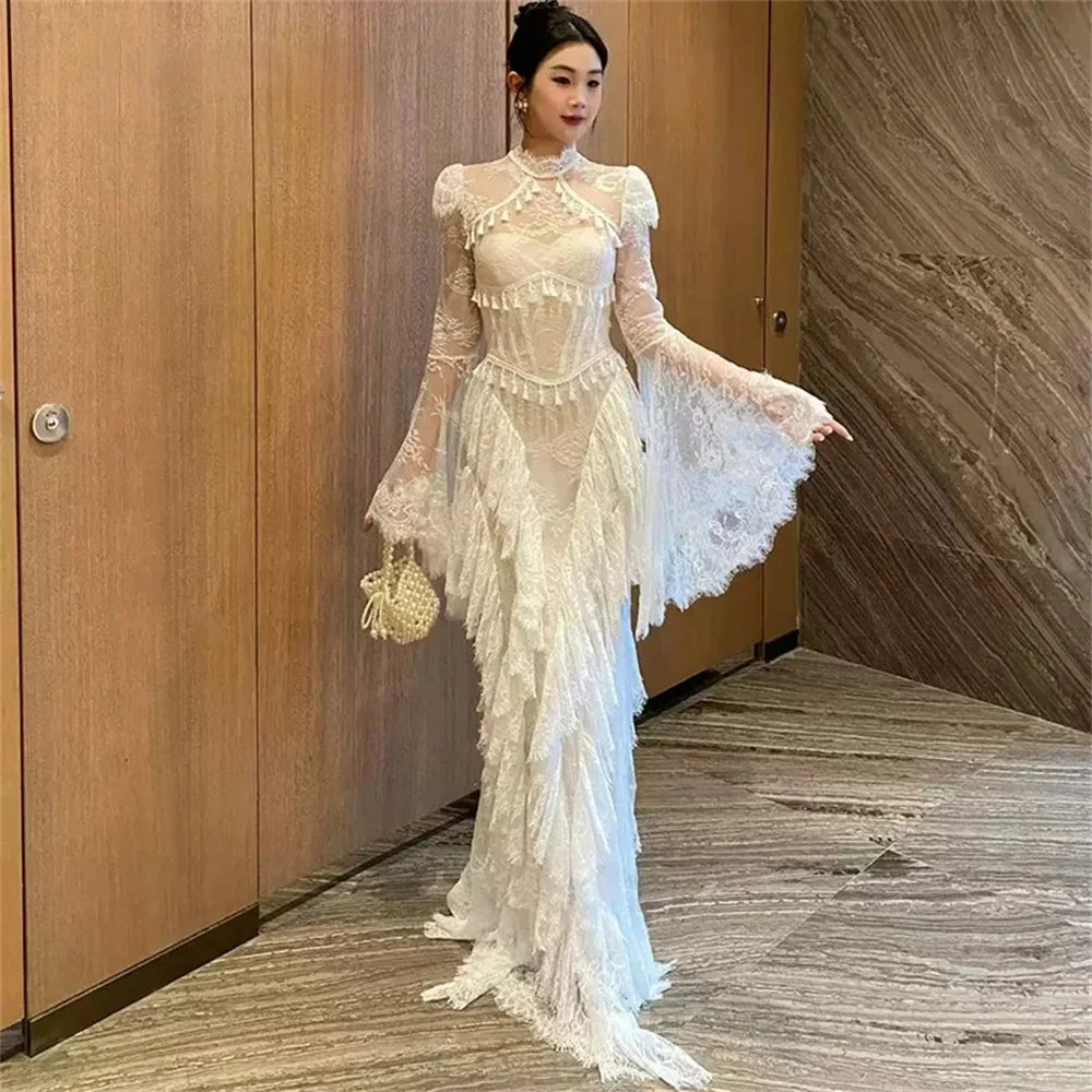 Tokyo Vintage Lace Bell Sleeve Wedding Dress High Neck Mermaid Bridal Gown Elegant Fringe Tassel Formal Evening Reception Gowns