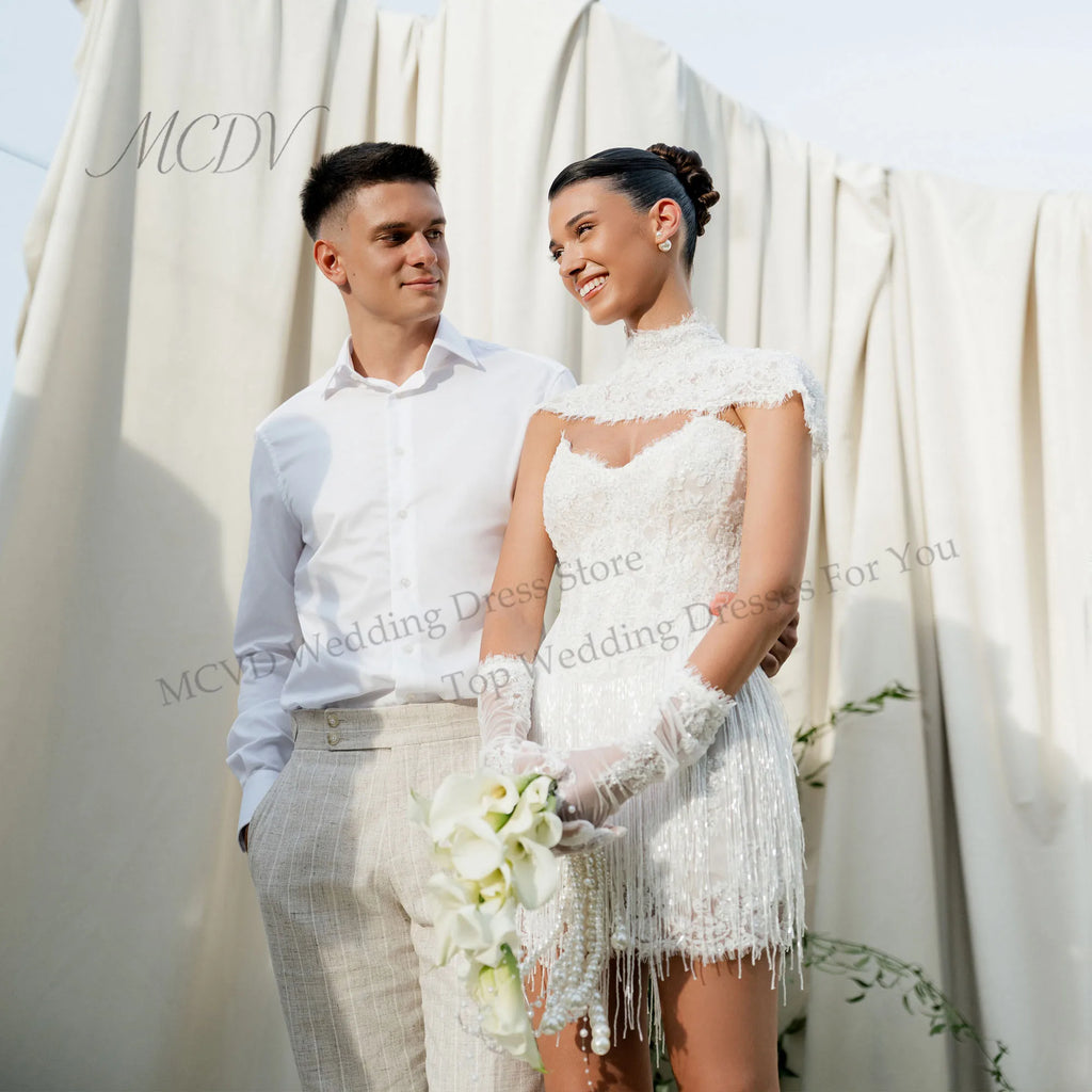 Fringe Mini Wedding Dress with Lace Corset