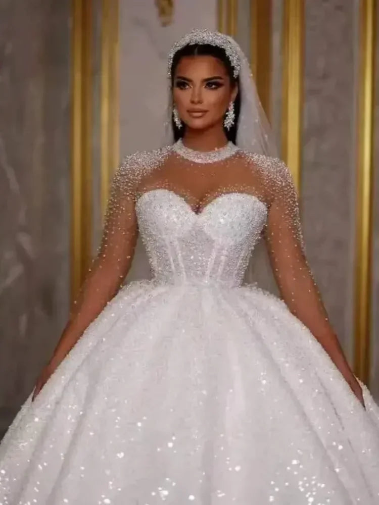 Sparkling African Wedding Dress Luxurious A-line Bridal Ball Dress Beads sequins Long Sleeves Dubai Bridal Dress Customization