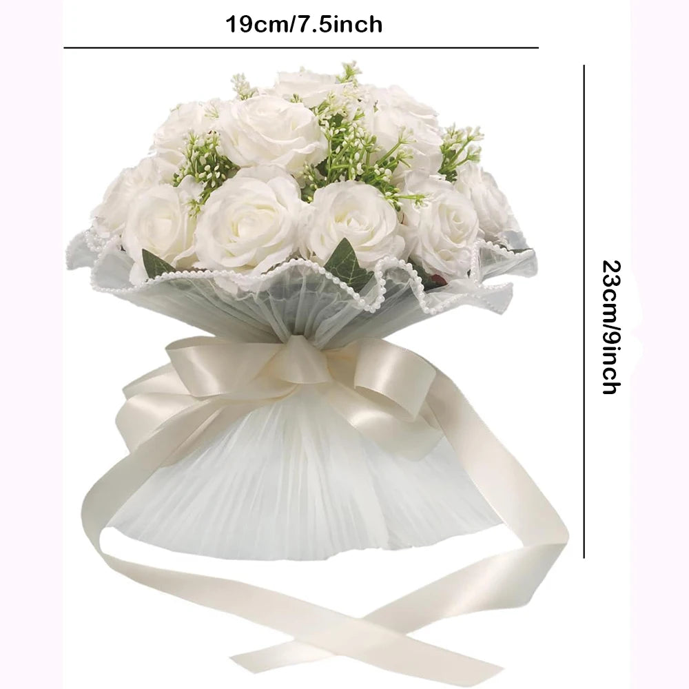 YeeNanee Boho Wedding Bouquets for the Bride Ivory White Artificial Flower Bouquet with Silk Ribbon Lace Country Wedding Decor