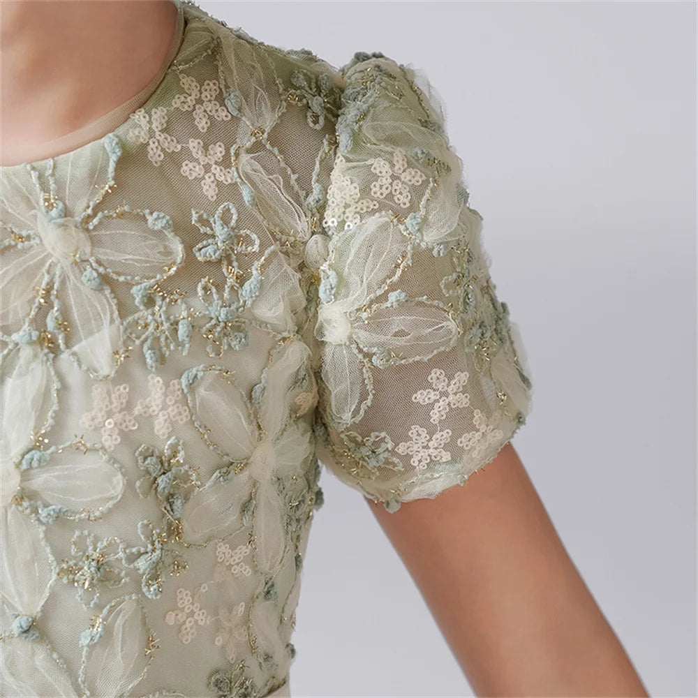 Rhinestone Floral Lace Puff-Sleeve Flower Girl Dress