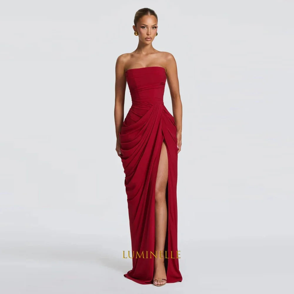 Strapless Ruched Chiffon Evening Dress with Slit