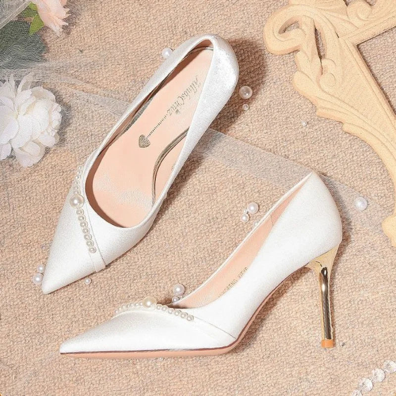 Women's Summer Footwear Bride Pumps Shoes for Woman 2025 Wedding Shoe on Heeled Pointed Toe Pearl Stilito High Heels Popular 39
