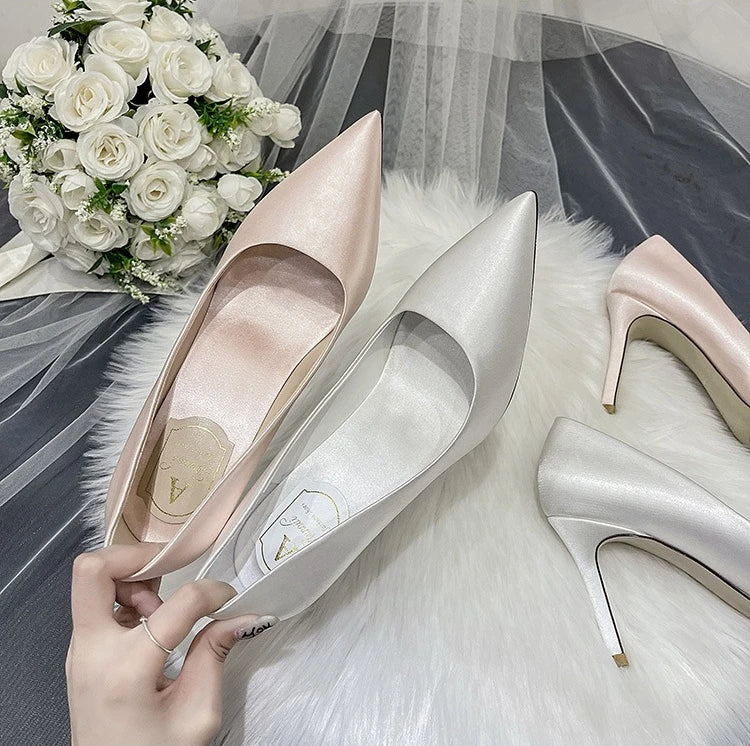 Pumps Women Shoes Wedding Shoes White High Heels Women's Satin Bridal Shoe Bridesmaid Shoes Large Size 42 43