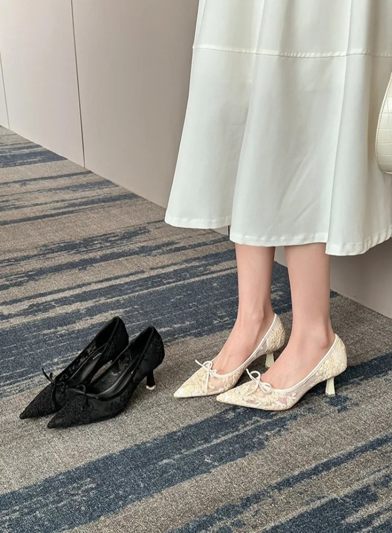 Wedding Shoes Bridal Pumps for Women Elegant Lace with Bow Decor Pointed Toe Mesh Stiletto Heels Comfortable Classic Party
