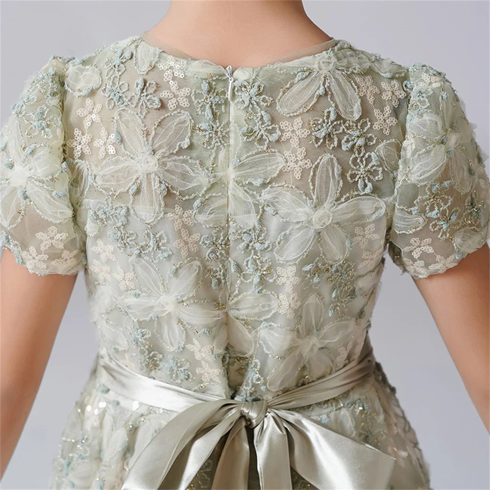 Rhinestone Floral Lace Puff-Sleeve Flower Girl Dress