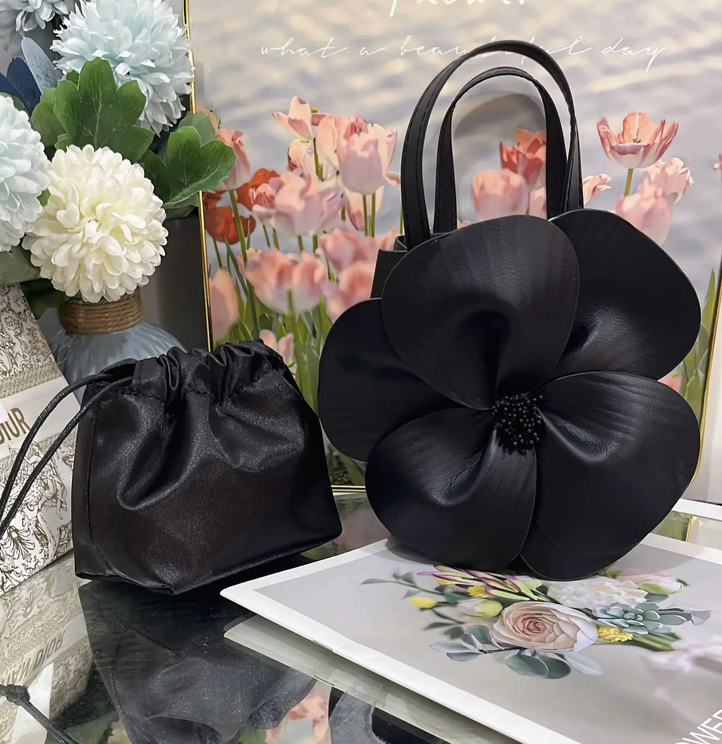 3D Floral Soft PU Leather Women Small Bucket Handbag Wedding Purse Dress Party Evening Bridal Clutch Bag