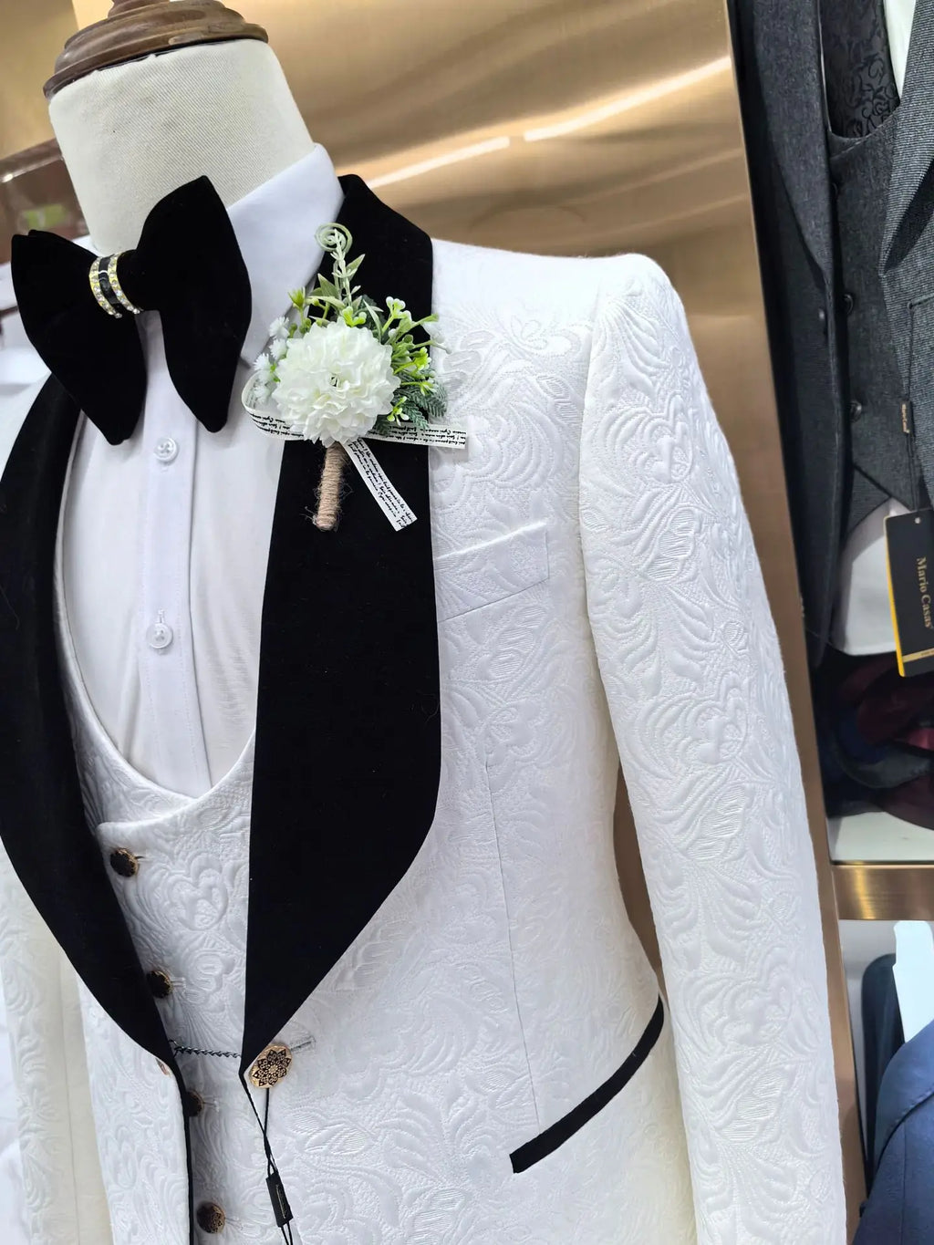 Thorndike Mens Wedding Suits White Jacquard with Black Satin Collar Tuxedo3 Pcs Groom Terno Suits for Men(Jacket+Vest+Pants)