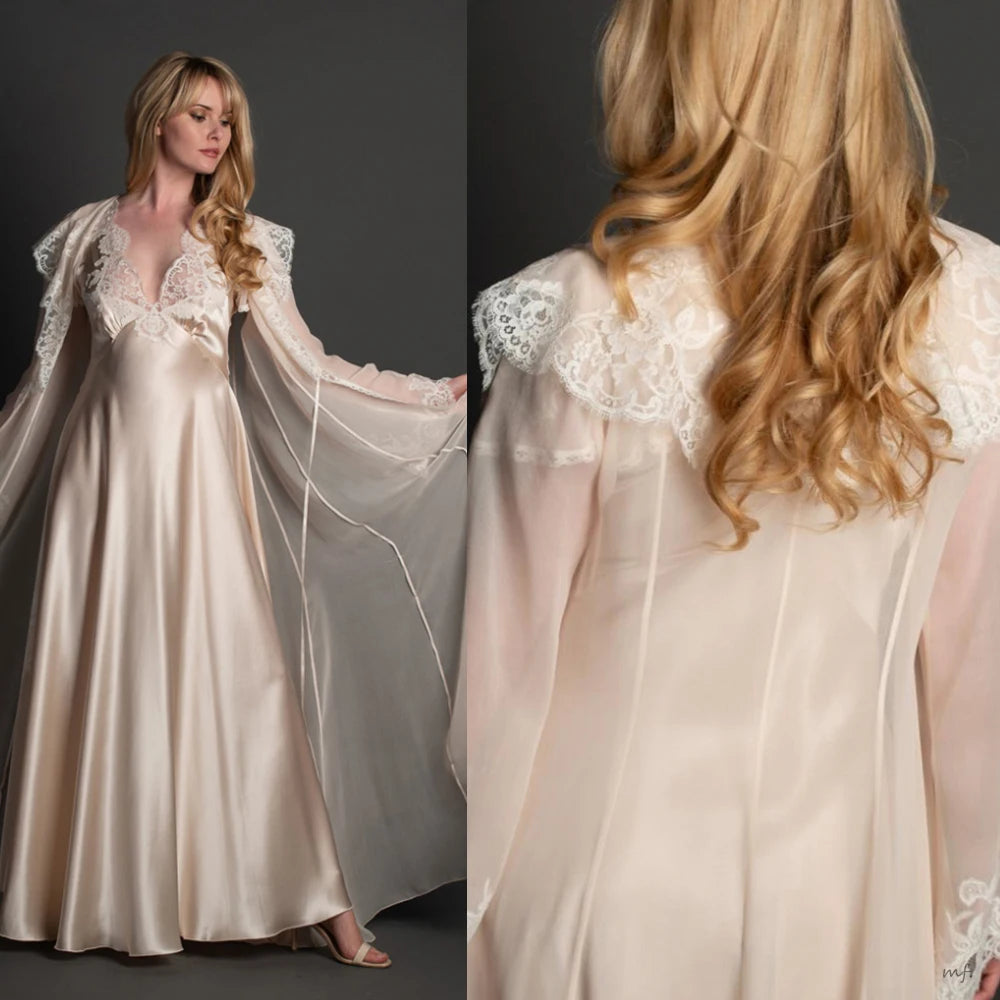 Graceful Sleepwear Women Maternity Appliques Long Sleeve Wedding Bridal Robe Customized Nightgown Pajamas