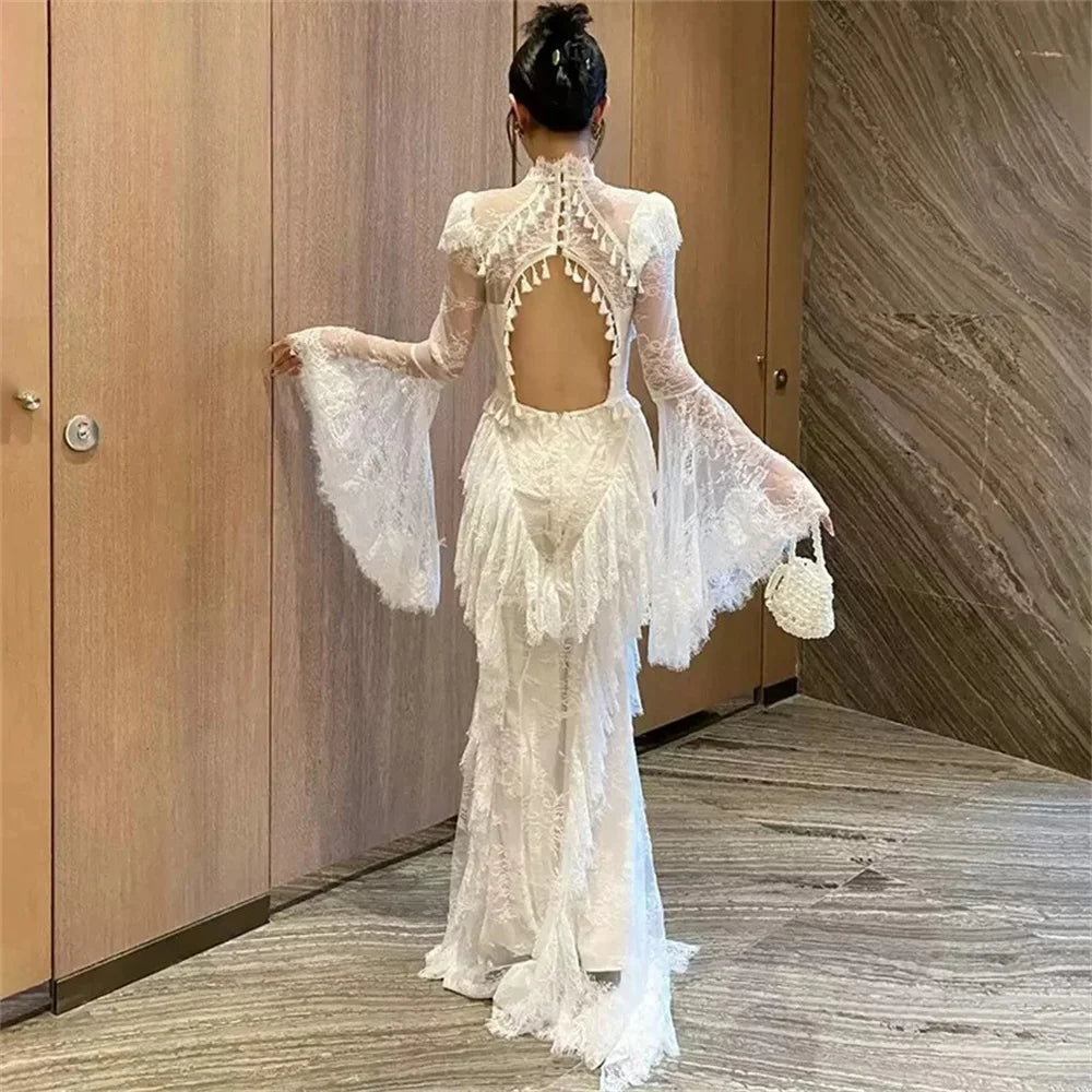 Tokyo Vintage Lace Bell Sleeve Wedding Dress High Neck Mermaid Bridal Gown Elegant Fringe Tassel Formal Evening Reception Gowns