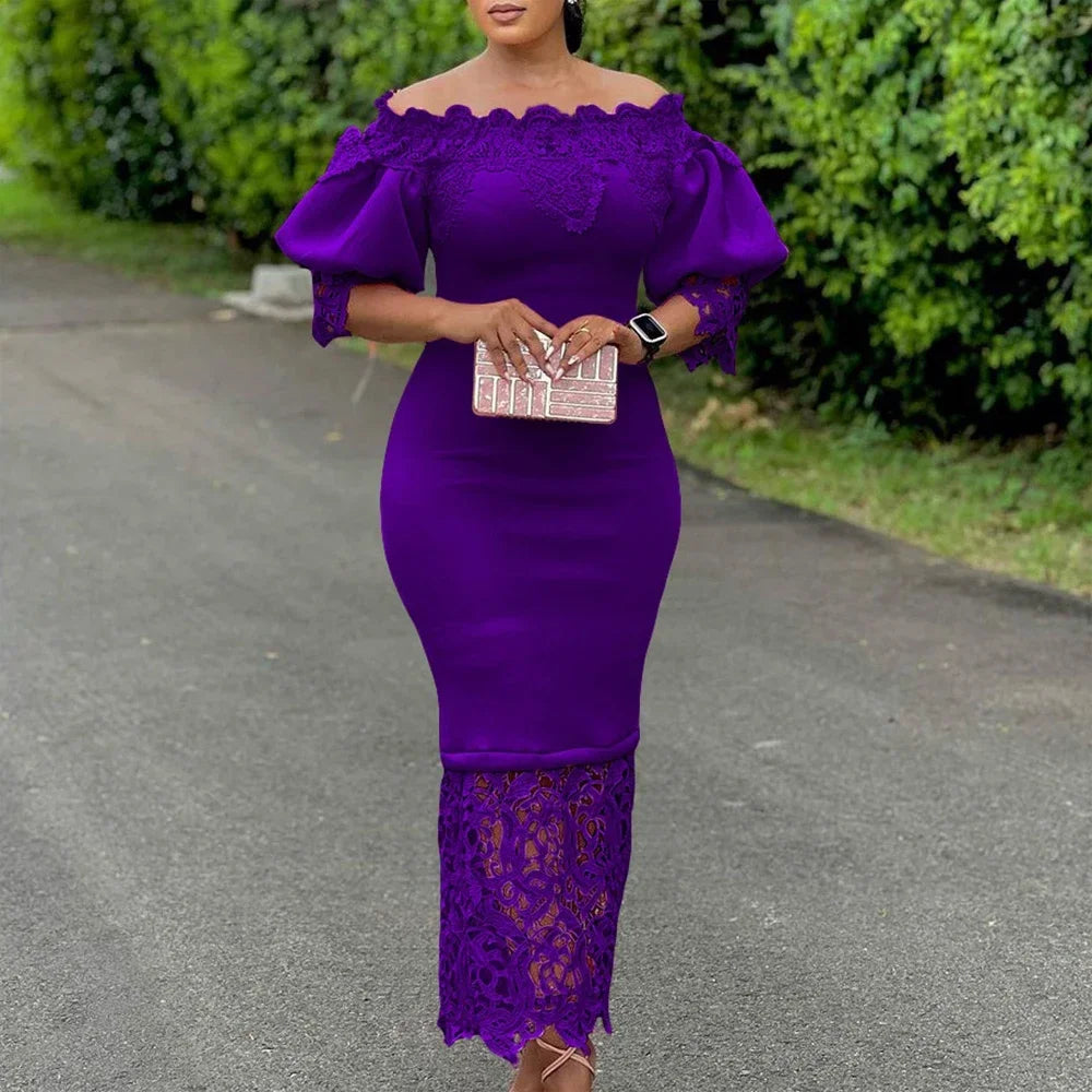 Off-Shoulder Lantern Sleeve Lace Sheath Dress