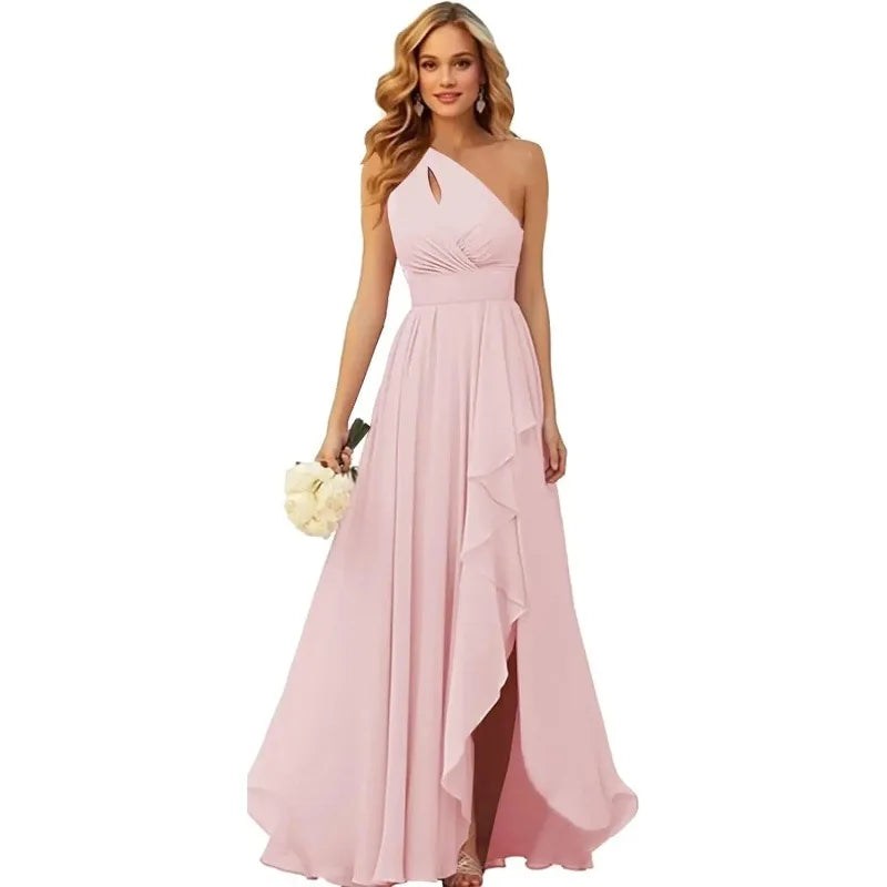 A Line Chiffon Bridesmaid Dresses One Shouder Slit Pleat Elegant Wedding Party Formal Prom Evening Lace Up Back