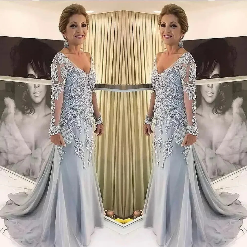2024 Mermaid Mother Of The Bride Dress Long Sleeve Beaded Tulle Satin Groom Mother Dress Plus Size Wedding Party Guest Gown