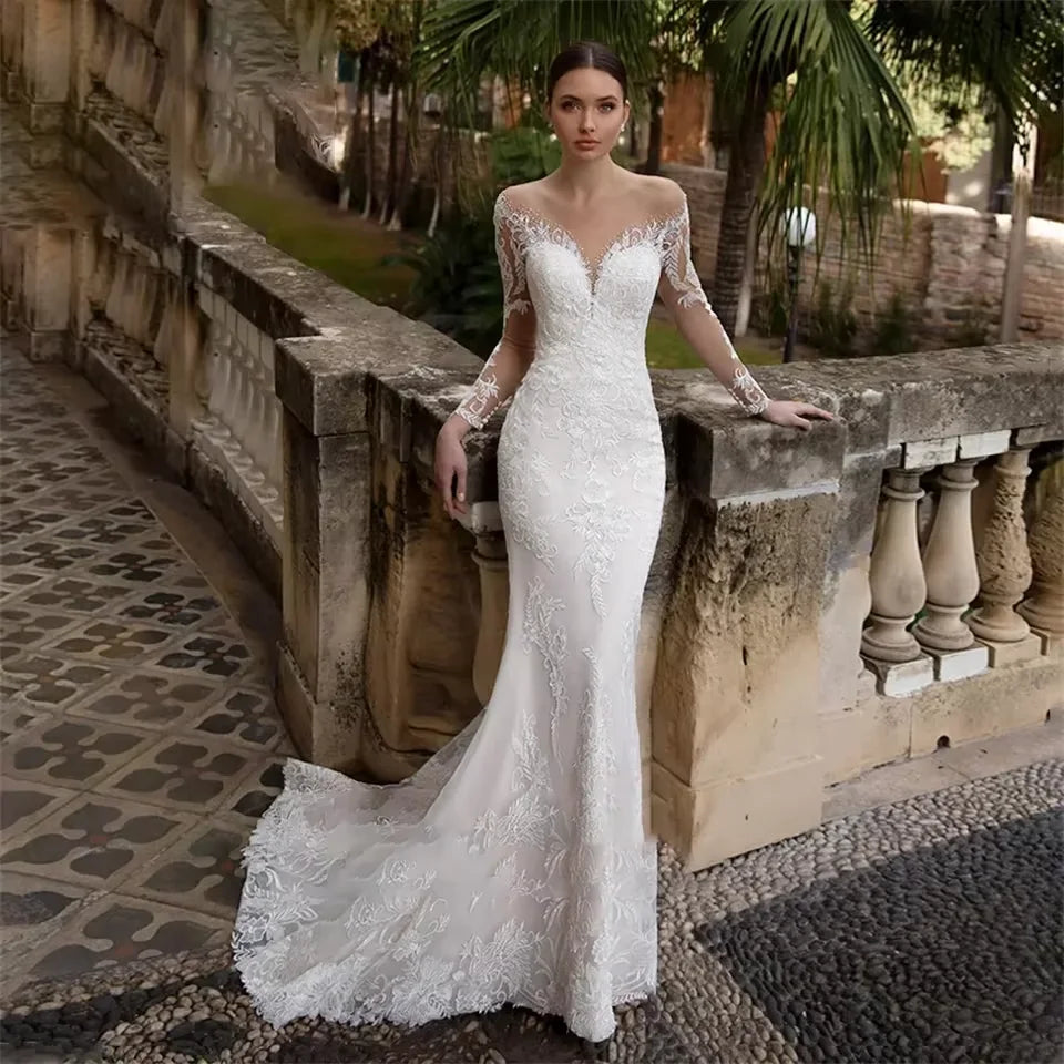 Customized Luxury Mermaid Wedding Dress  O-neck Long Sleeve Tulle Backless Bridal Gown Detachable Trailing Marriage Dress