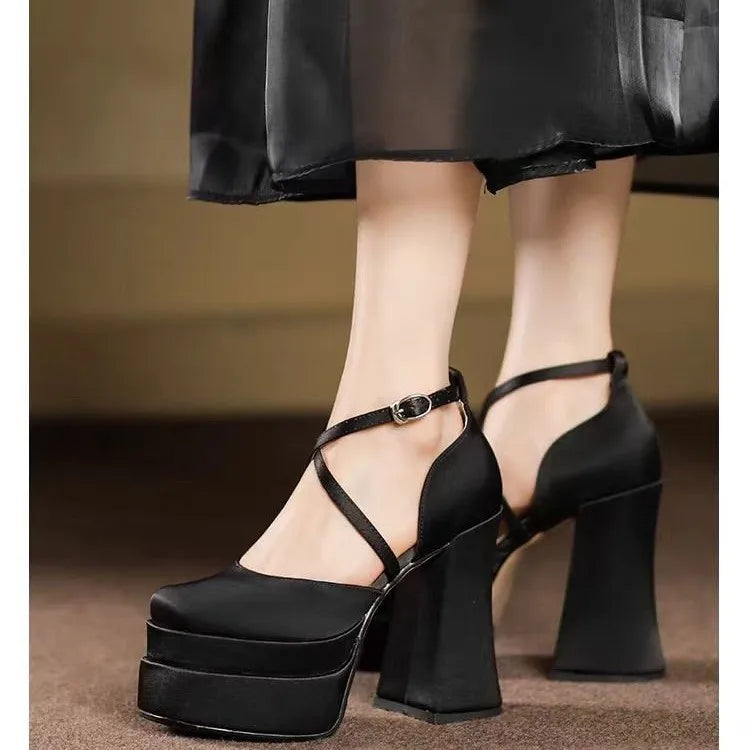 White Satin Wedding Shoes Platform Super High Heels New Small Block Heel Single Shoes