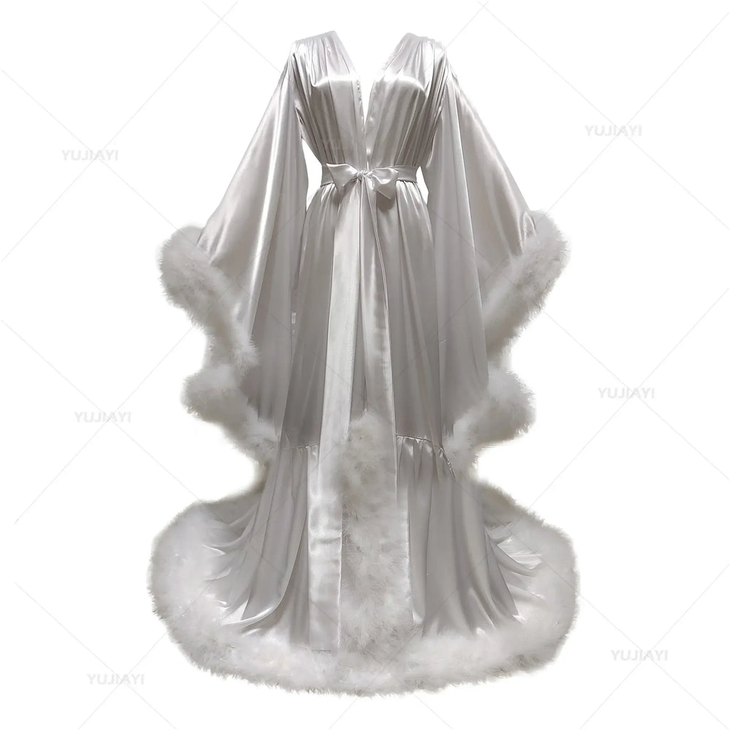 Customized Robe for Women Flare Sleeves Feather Bridal Robe Nightgown Silk Satin Wedding Party Dressing Gown Photography Dress
