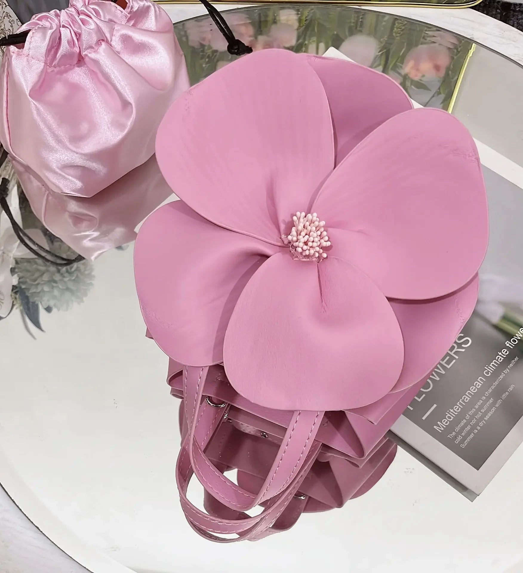 3D Floral Soft PU Leather Women Small Bucket Handbag Wedding Purse Dress Party Evening Bridal Clutch Bag