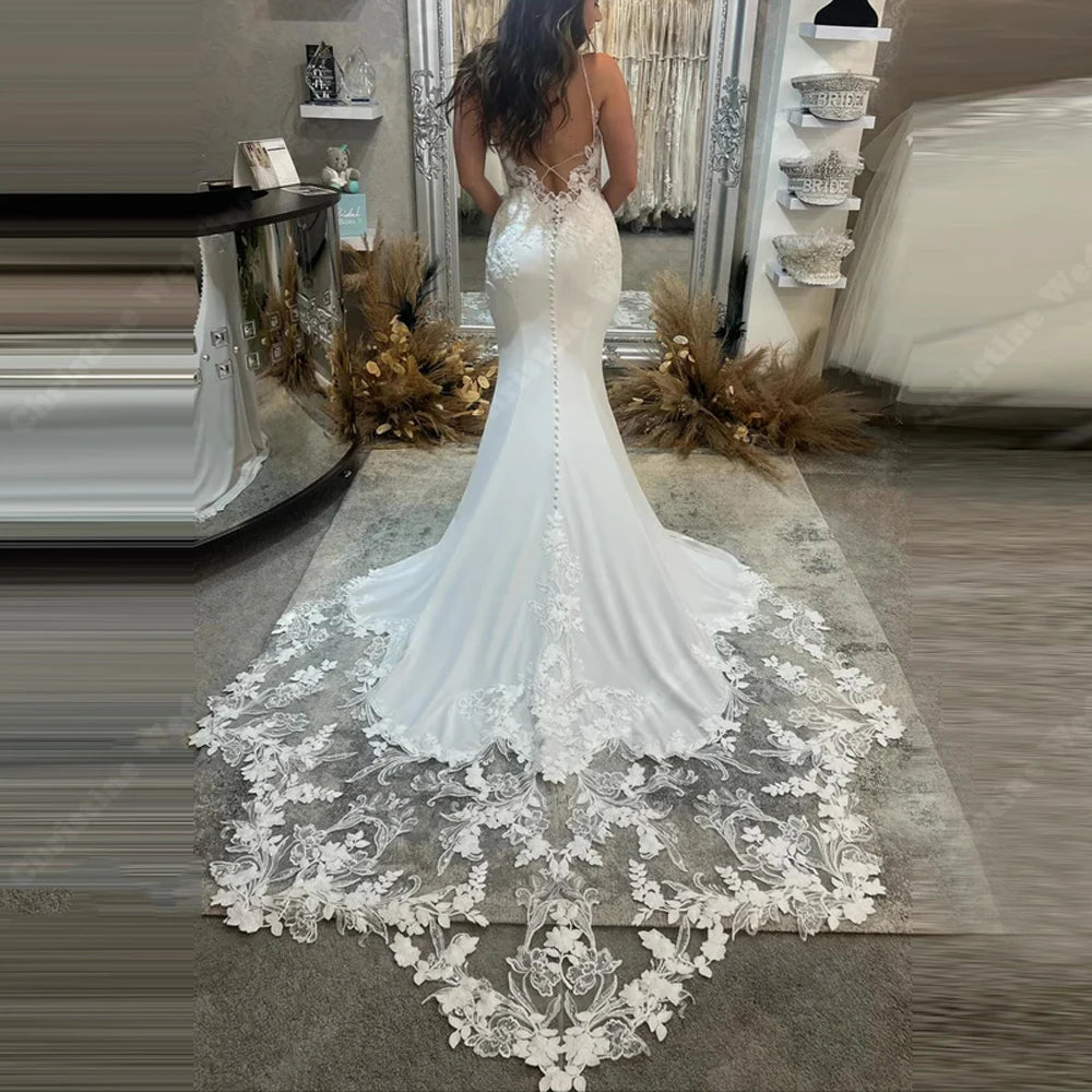 Elegant Women Women Wedding Dresses Sexy V-Neck Lace Printing Mermaid Robes Mopping Length Princess Vestido De Novias Customized
