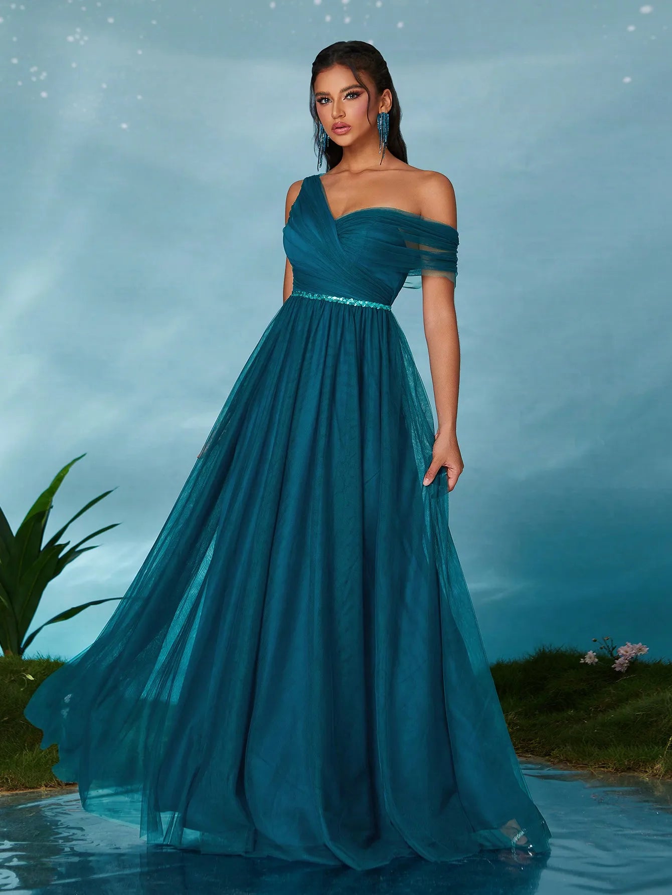 Royal Blue One Shoulder Sequin Sash Bridesmaid Dress