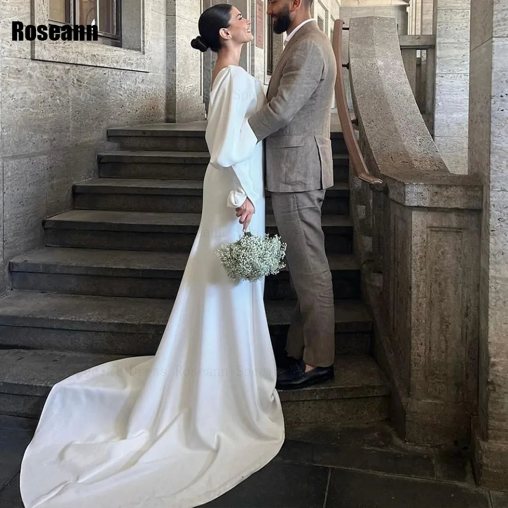 Customized Muslim Exquisite A-line Wedding Dresses V-Neck Draped Pleat Puff Sleeve Bride Dress Brush Train robe de mariée