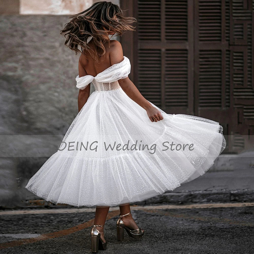 Short Boho Off-Shoulder Tea Length Wedding Dress