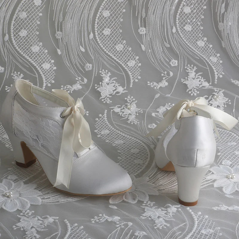 Customized Block Heels Bridal Shoes Boots Ivory Satin and Lace Ribbon Tie Wedding Boots for Dancing 7CM