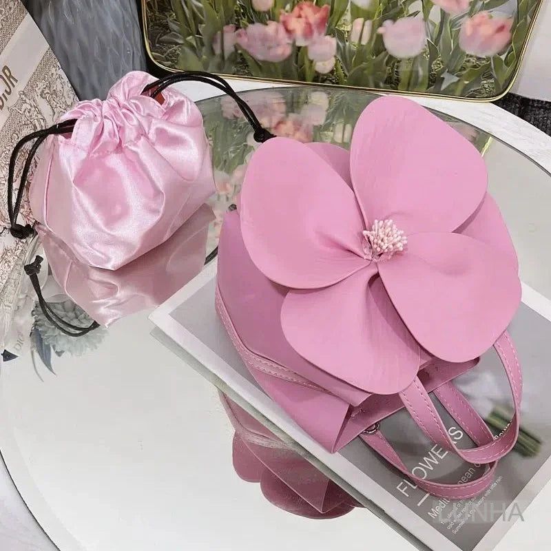 3D Floral Soft PU Leather Women Small Bucket Handbag Wedding Purse Dress Party Evening Bridal Clutch Bag