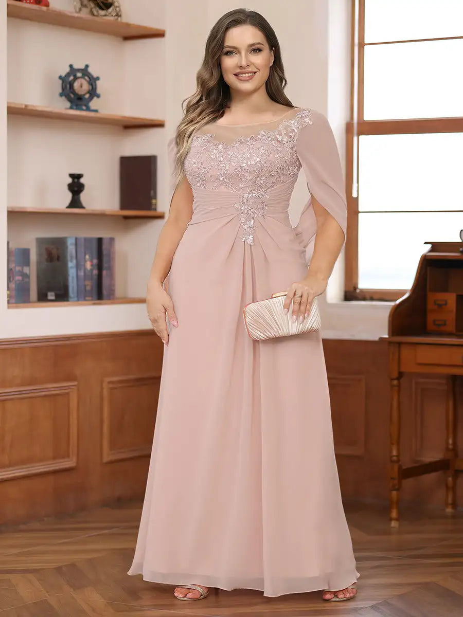 Plus Size Mother of the Bride Dress for Women Lace Applique Pleated Scoop Chiffon Formal Wedding Guest Party Dresses