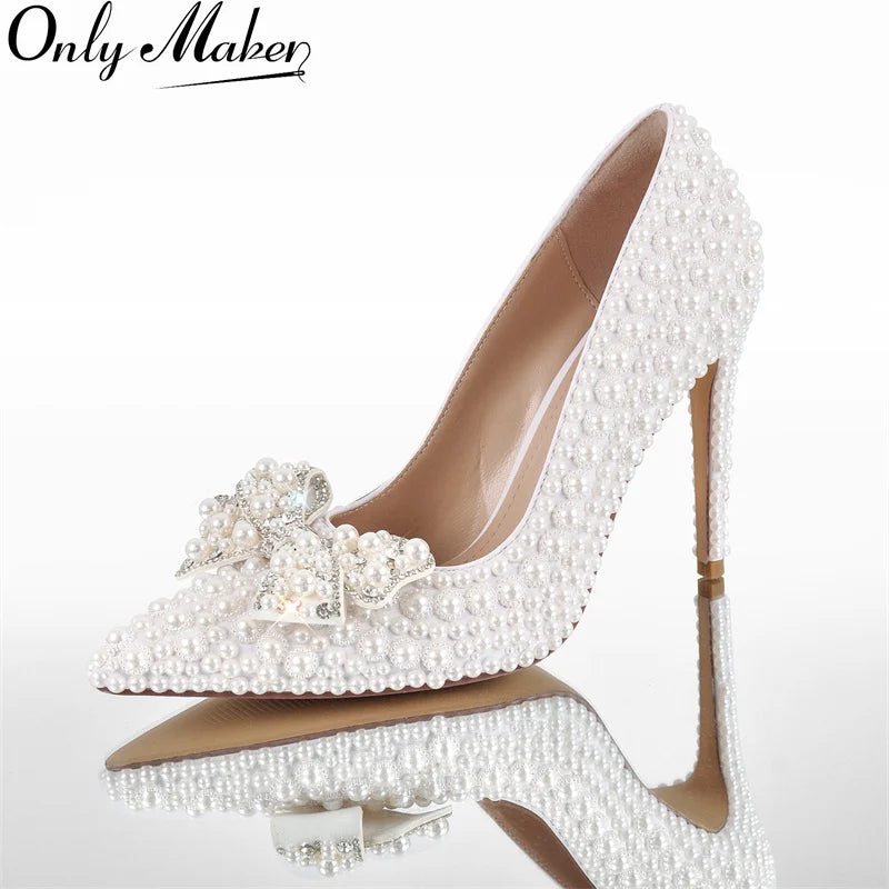 Onlymaker Women Pointed Toe White Bridal Pumps Slip-On Pearl Crystal 11CM Thin Heels Party Wedding Bride Stiletto Shoes