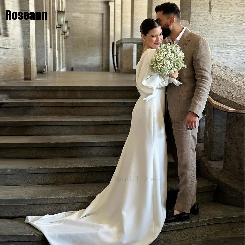 Customized Muslim Exquisite A-line Wedding Dresses V-Neck Draped Pleat Puff Sleeve Bride Dress Brush Train robe de mariée