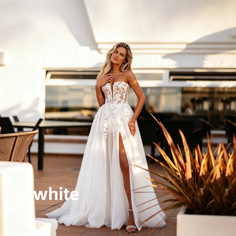 Floral Lace Corset Wedding Dress with High Slit