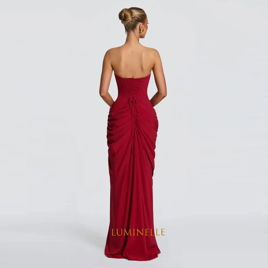 Strapless Ruched Chiffon Evening Dress with Slit