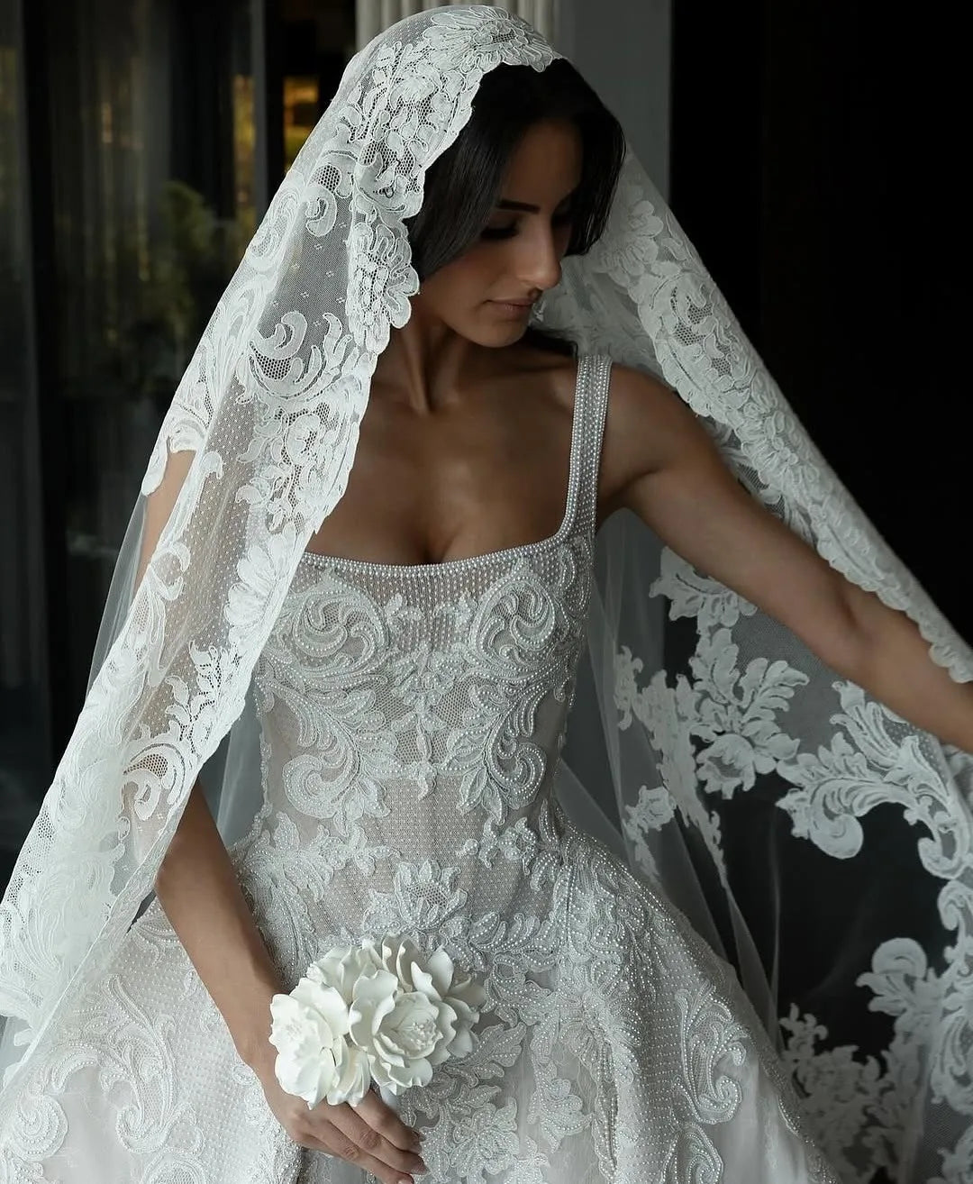 Square Neck Beaded Chiffon A-Line Wedding Dress