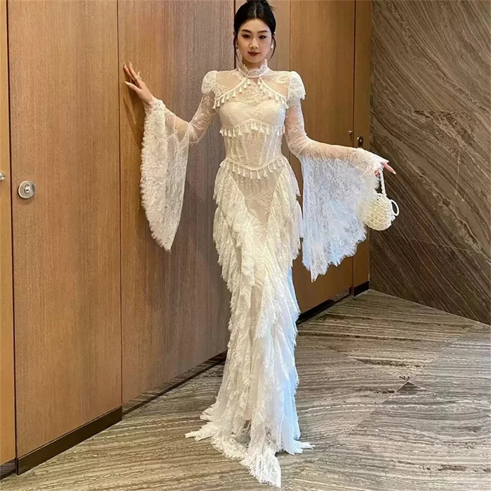 Tokyo Vintage Lace Bell Sleeve Wedding Dress High Neck Mermaid Bridal Gown Elegant Fringe Tassel Formal Evening Reception Gowns