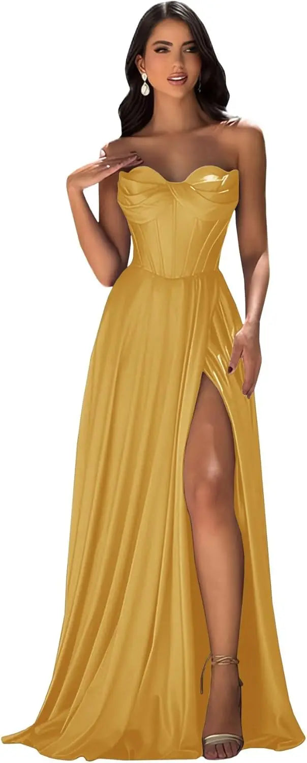 Chicbridal Women's Strapless Prom Dress Satin A-Line Long Ball Gown Sweetheart Corset Formal Dress with Pockets And Side Slit