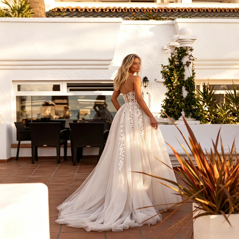 Floral Lace Corset Wedding Dress with High Slit