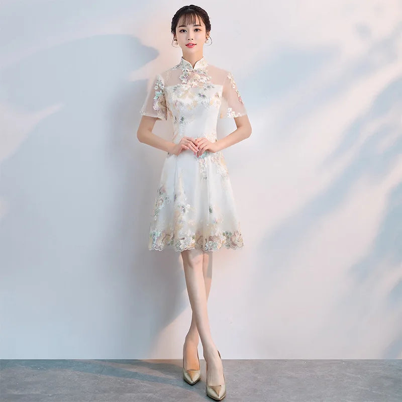 Floral Embroidered Satin Cheongsam Gown
