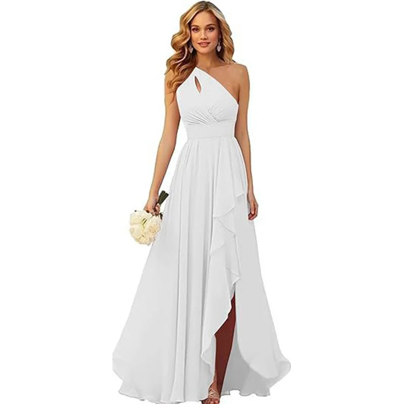 A Line Chiffon Bridesmaid Dresses One Shouder Slit Pleat Elegant Wedding Party Formal Prom Evening Lace Up Back