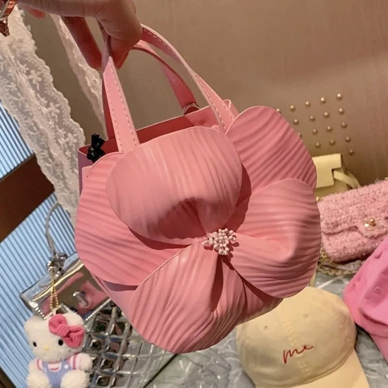 3D Floral Soft PU Leather Women Small Bucket Handbag Wedding Purse Dress Party Evening Bridal Clutch Bag