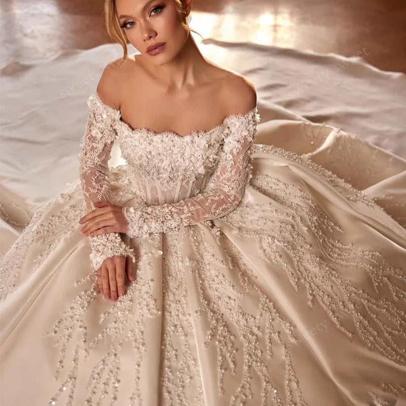 Boat Neck Full Sleeve Taffeta Ball Gown