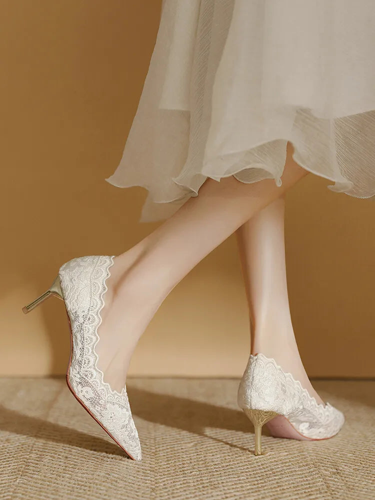 Embroidered Bridal Shoes Wedding Shoes Retro French Sandals 6.5cm High Heels Single Shoes Thin Heels Banquet Pointed Pumps 34-39