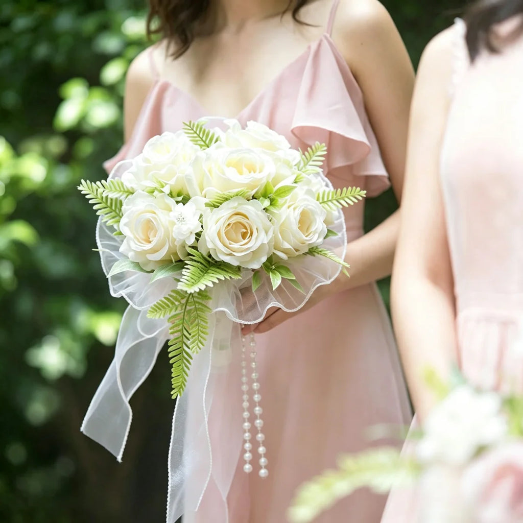 Pearl Rose Bridal Bouquet Artificial Silk Flower Hand Bouquet Pearl Lace Mesh Ball Ribbon Elegant Wedding Bridesmaid Bouquet