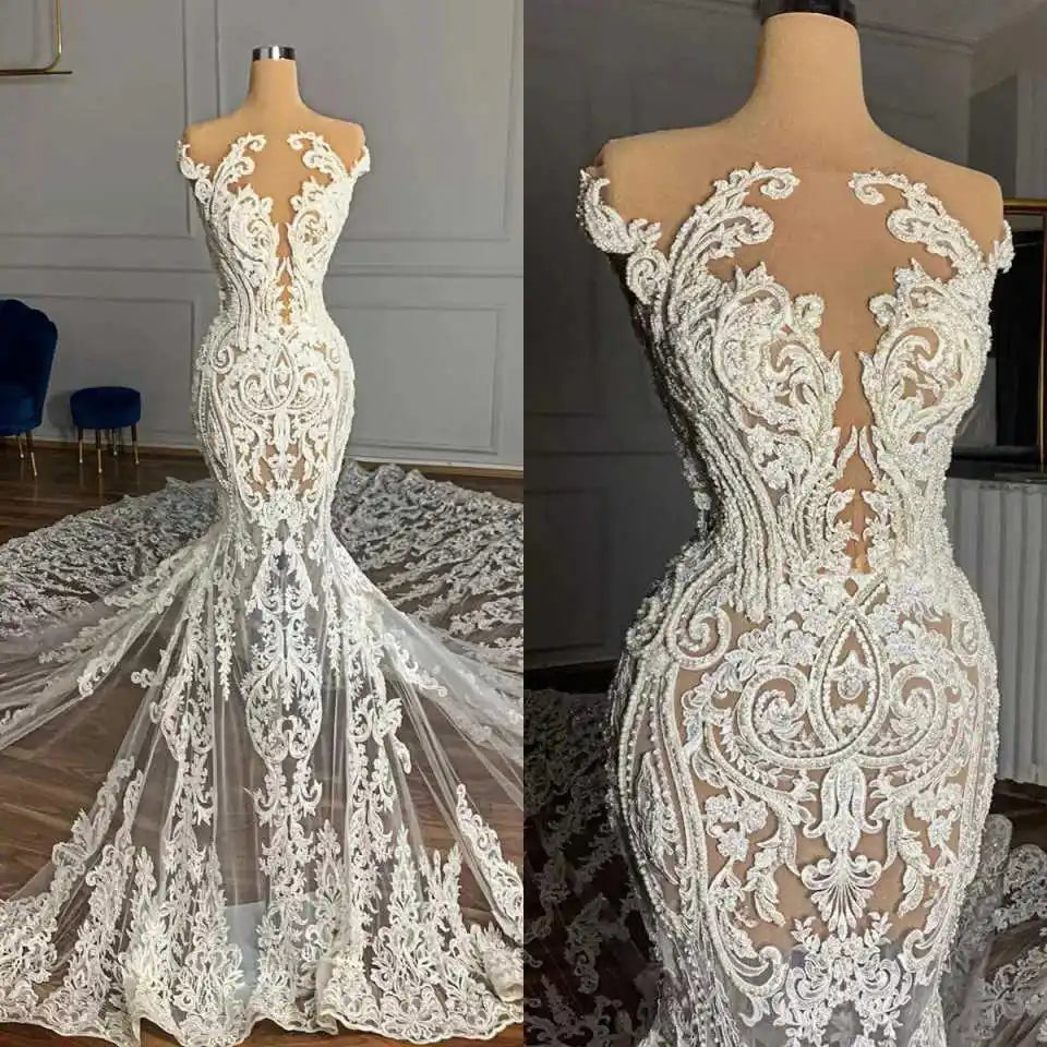 Romantic Lace Embroidery Mermaid Wedding Dress Off-Shoulder Sheer Tulle Cathedral Train Bridal Gown Vestido De Novia Customized