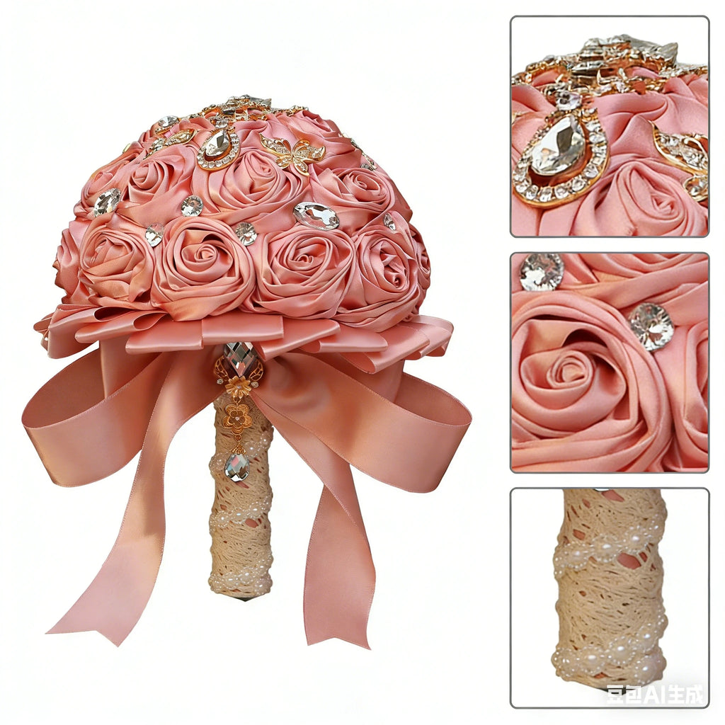 Pink Bridal Wedding Bouquet Artificial Silk Rose Flower Bouquet
