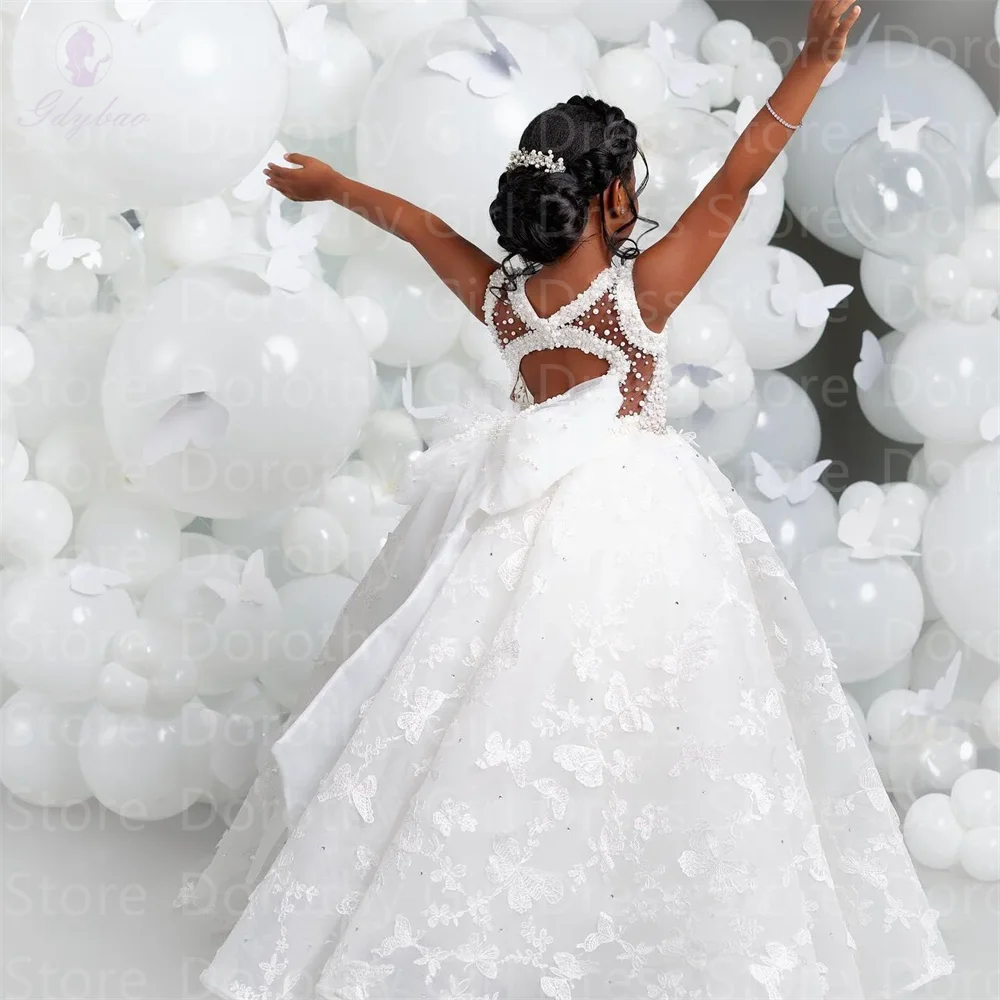 V-Neck Butterfly Pearl Flower Girl Dress