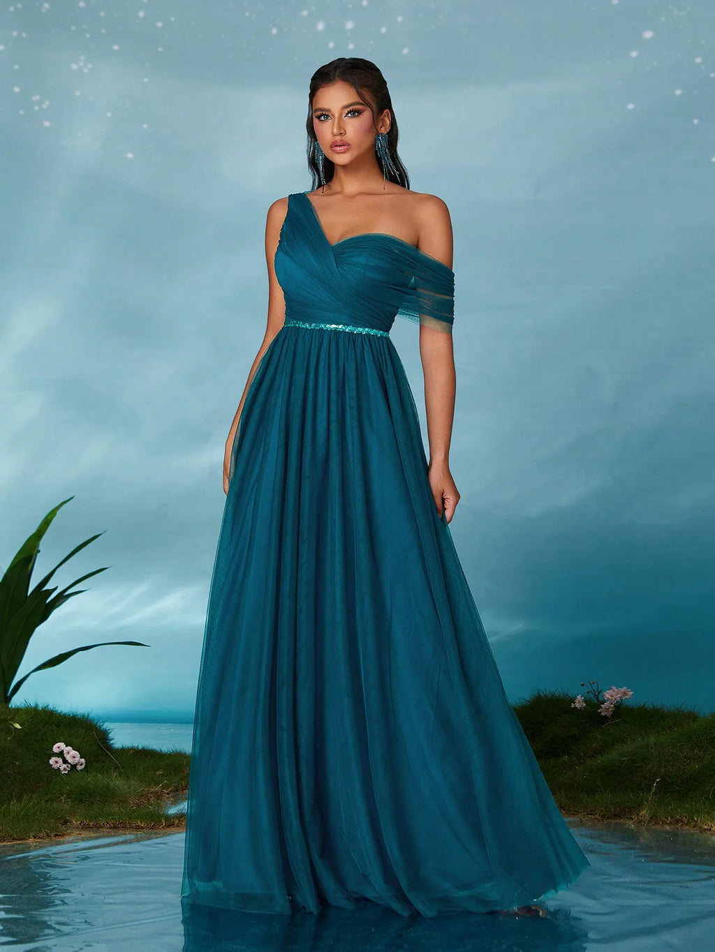 Royal Blue One Shoulder Sequin Sash Bridesmaid Dress